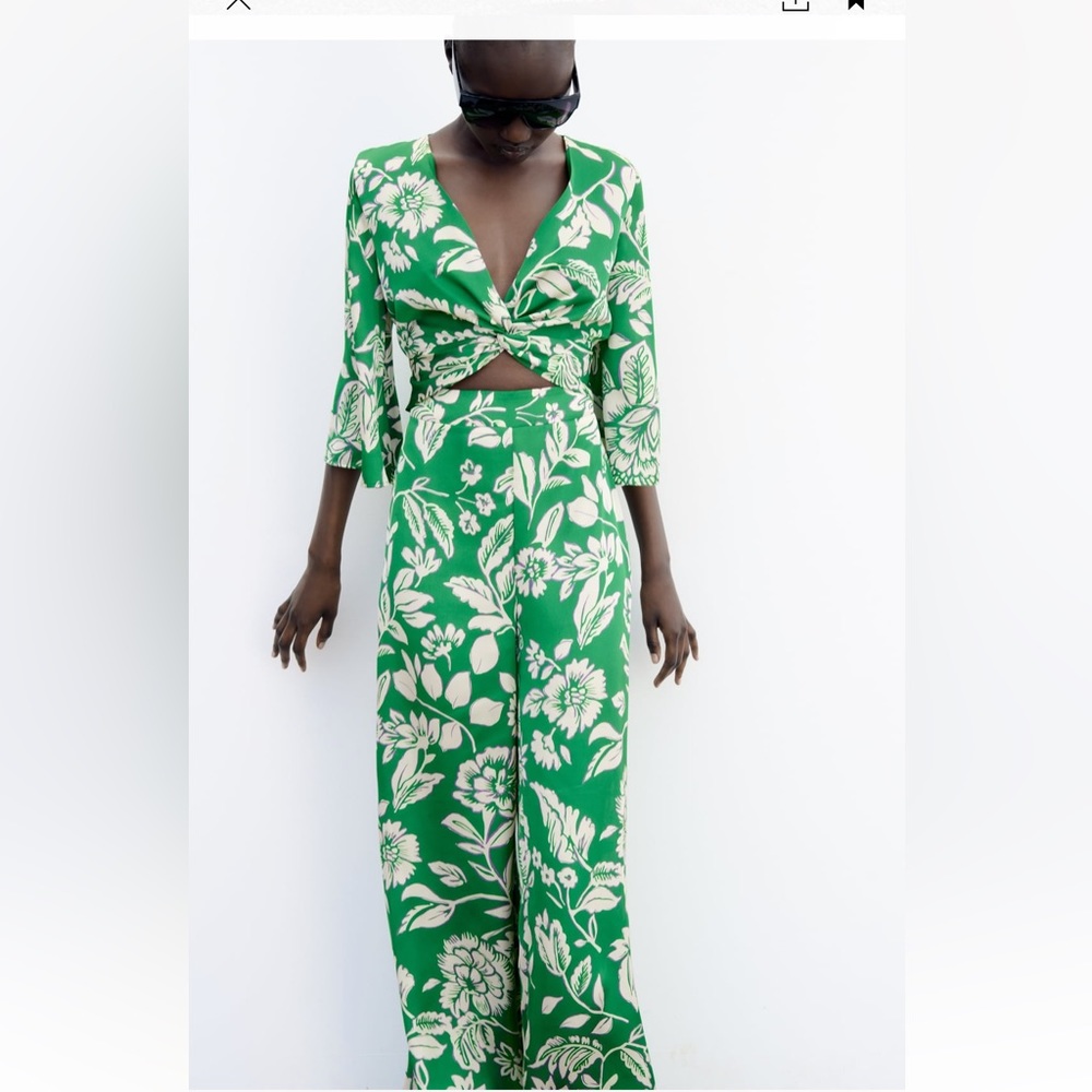 New Zara green floral cut out jumpsuit with knot.